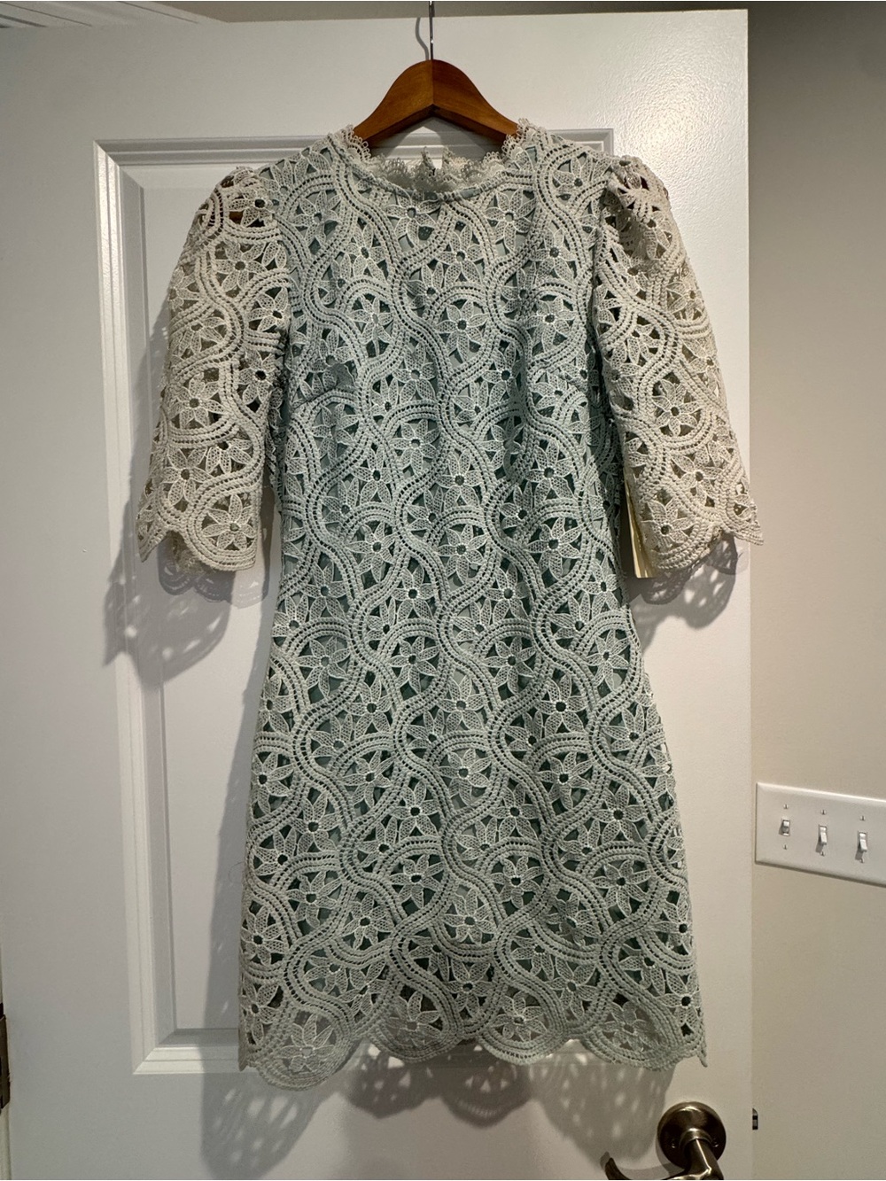 Just Me Sage Green Crochet Midi Dress with Puff Sleeves